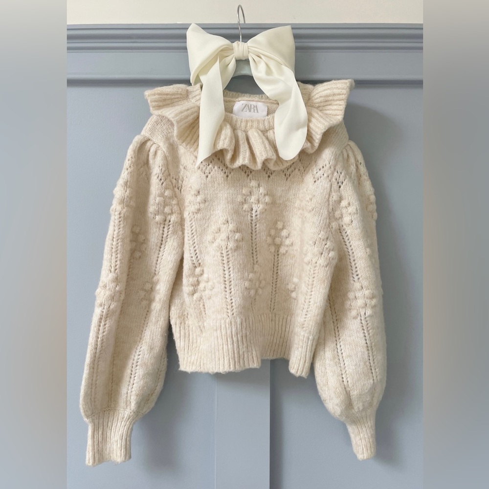 High Fashion Styled Ivory Girls Sweater with Full Ruffle  Collar + Fitted Waist
